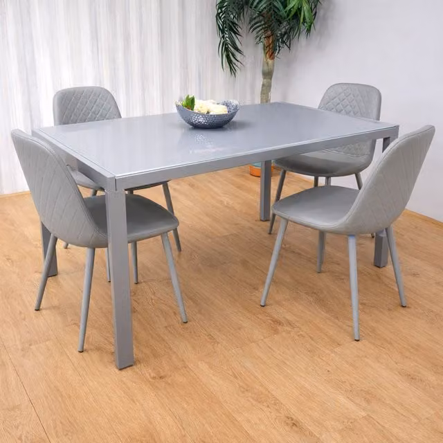 Kosy Koala Modern Dining Set with Grey Glass Rectangular Table and 4 Grey Gem Faux Leather Chairs in Brown