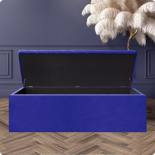 R&M Furnishers Striped Plush Velvet Upholstered Blanket Chest in Sapphire Blue