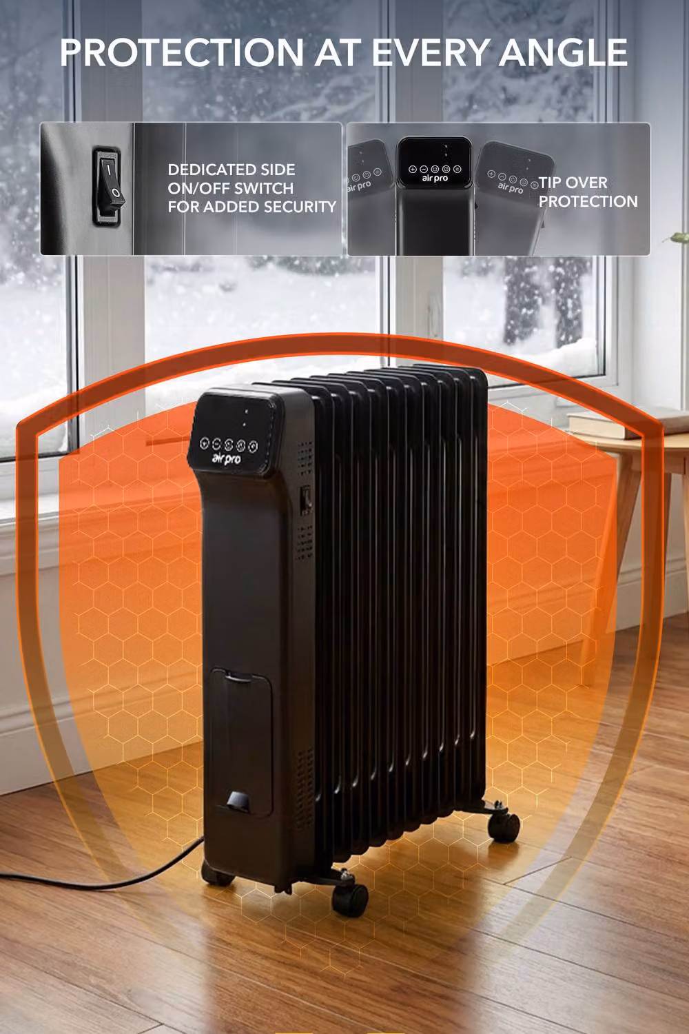 Air Pro 2500W Oil-Filled Electric Radiator with Thermostat and 9 Hour Timer, Black – 7