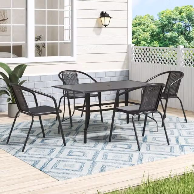 Komore Modern Black Metal Coffee Table and 4 Stackable Rattan Chairs Set