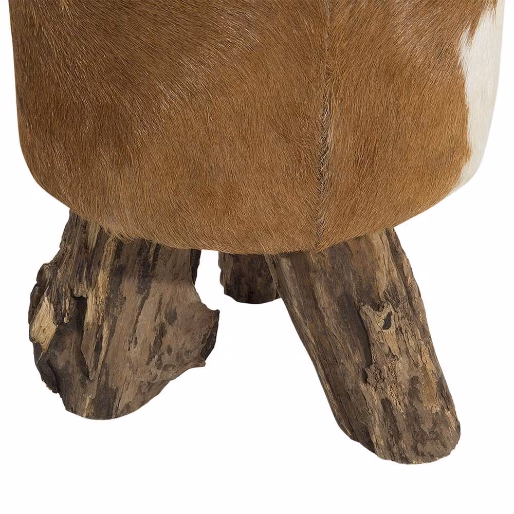 Wyld and Coco Rustic Brown Goatskin Leather Footstool with Teak Wood Tripod Legs – 5