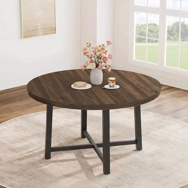 VOGREX Round Industrial Metal Dining Table in Brown, Seats 4 – 1