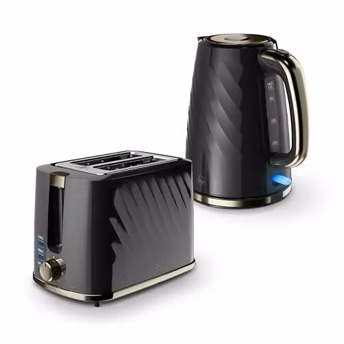 Swan Windsor Breakfast Essentials Bundle with 1.7L Rapid Boil Kettle and 2 Slice Toaster, Black and Gun Metal Brass, EEJB432 – 1
