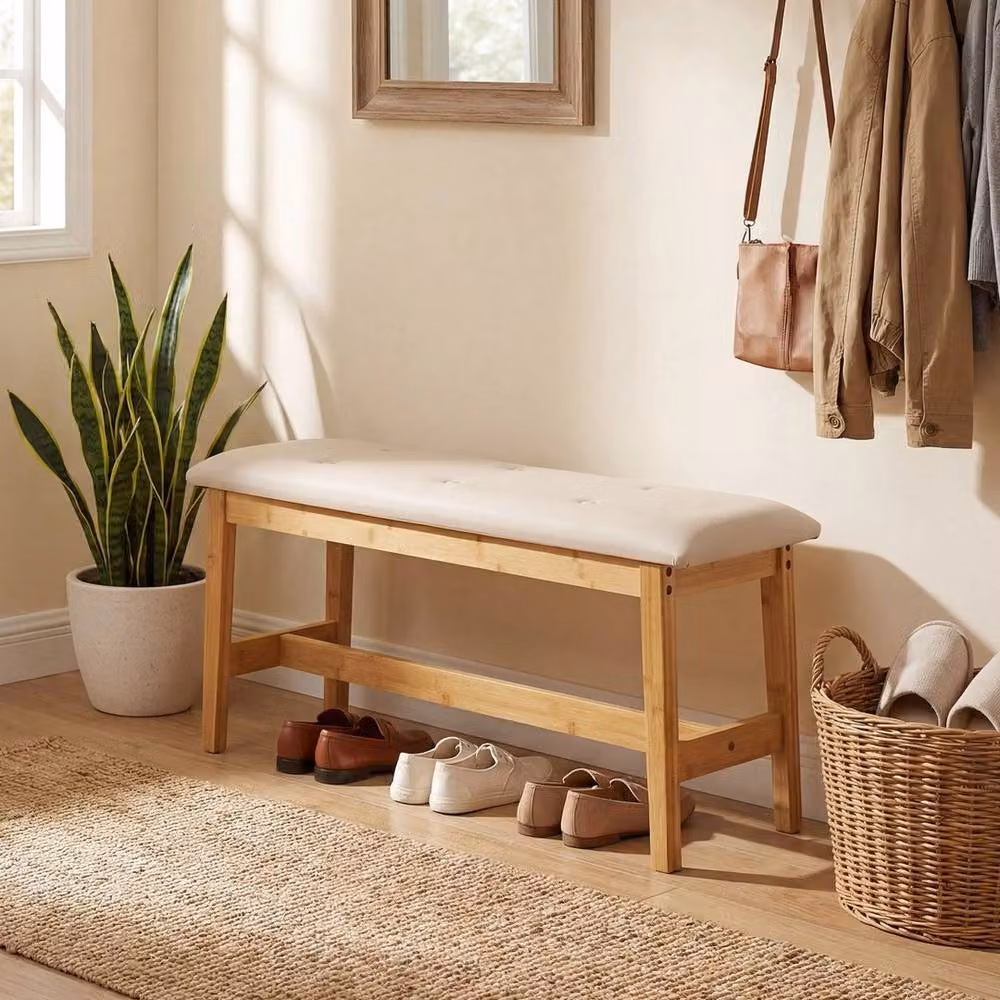 EONLION Beige Upholstered Straight Bench Bed with Bamboo Frame – 3