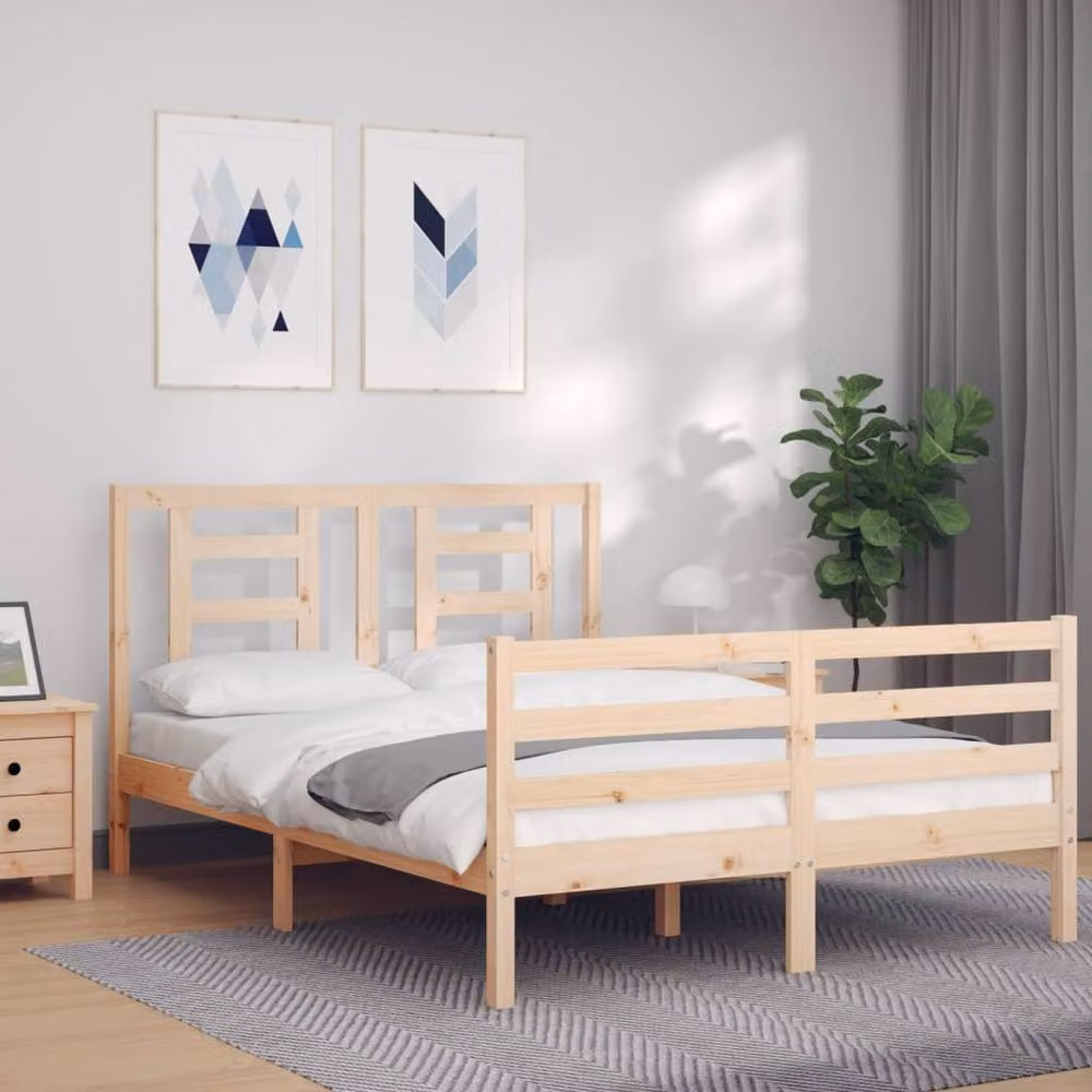 Berkfield Home Solid Wood Bed Frame with Headboard in Beige, W: 140 cm, D: 190 cm – 2