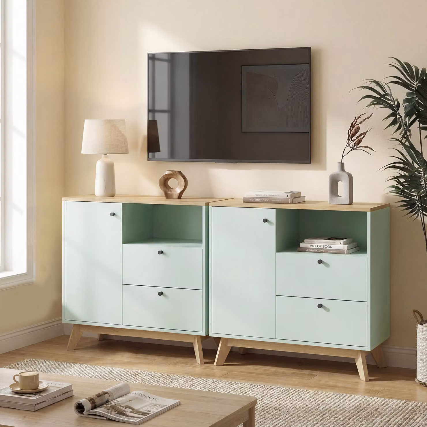HOMCOM Sideboard Storage Cabinet in Light Green and Oak with 2 Drawers, Open Compartment and Adjustable Shelf, W: 80 cm – 4