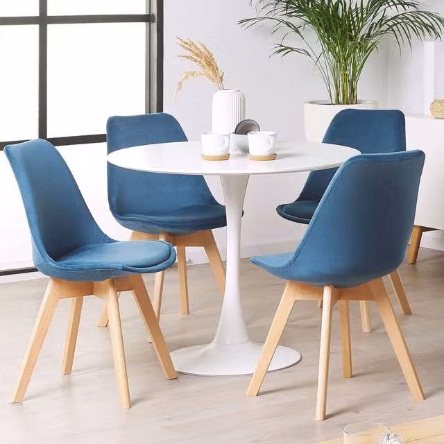 Wyld and Coco Set of 2 Blue Velvet Modern Dining Chairs with Beechwood Legs