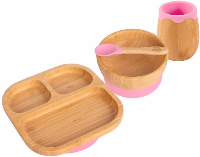 Tiny Dining 4-Piece Divided Bamboo and Silicone Baby Feeding Set in Pink