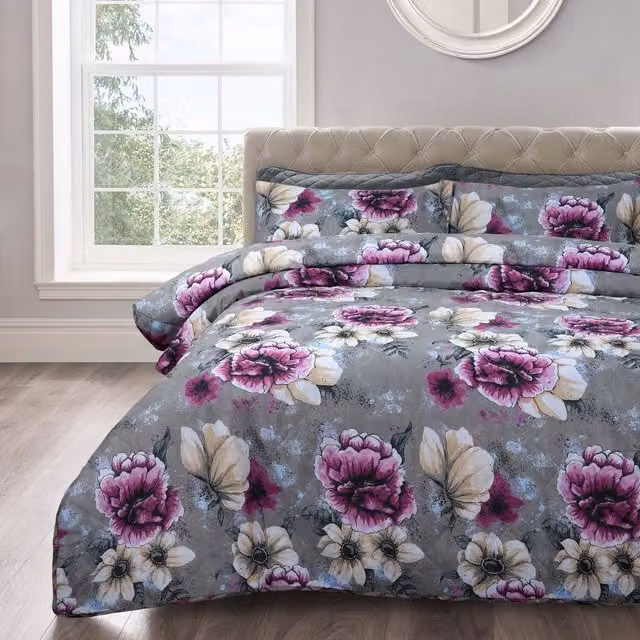 Velosso Cassia Floral Bedspread Set in Grey and Purple