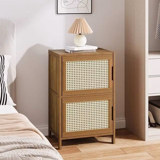 KORVIXA Bamboo Wood and Rattan Bedside Table Cabinet in Brown – 1