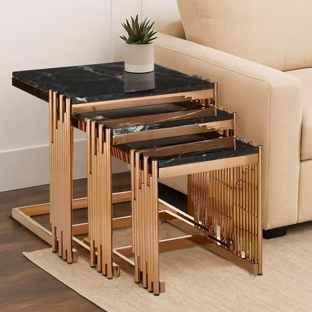 Orsina Set of 3 Square Art Deco Nesting Tables with Black Marble Tops and Gold Metal Frames – 2
