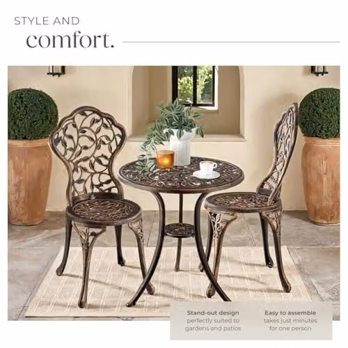 tectake Lyon 3-Piece Bistro Set for 2 People, Antique Bronze Powder Coated Aluminium Garden Table and Chairs with Floral Pattern for Balcony and Terrace – 4