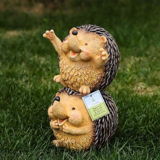 Voltico Mummy and Baby Hedgehog Garden Ornament, Brown, H 30 x W 16 x D 16 cm – 1