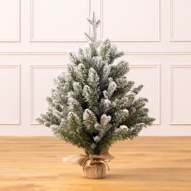 Christow Mini Tabletop Christmas Tree, Flocked Snowy Green and Beige Pine, H: 60 cm, W: 51 cm, D: 51 cm