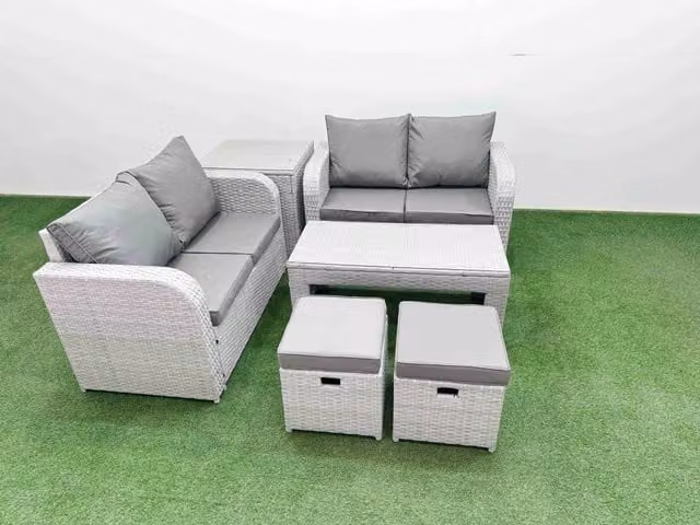 Fimous 6 Seater Rattan Garden Furniture Set in Light Grey with Outdoor Sofa, Coffee Table and Ottomans