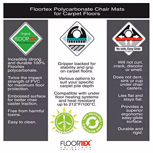 Floortex Ultimat Polycarbonate Rectangular Chair Mat for Carpets over 12mm, Transparent, W: 119 cm, D: 89 cm – 2