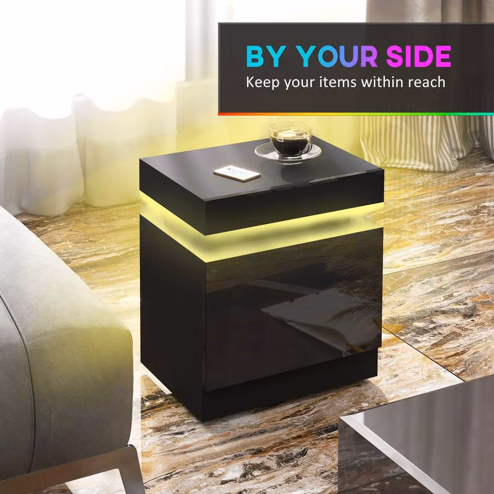 STILVORA Modern Black Glossy Bedside Table with 2 Drawers and Integrated LED Lighting – 6