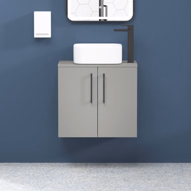 Royal Bathrooms Modena 800mm Wall Hung 2 Door Worktop Vanity Unit in Satin Grey with Matt Black Handles