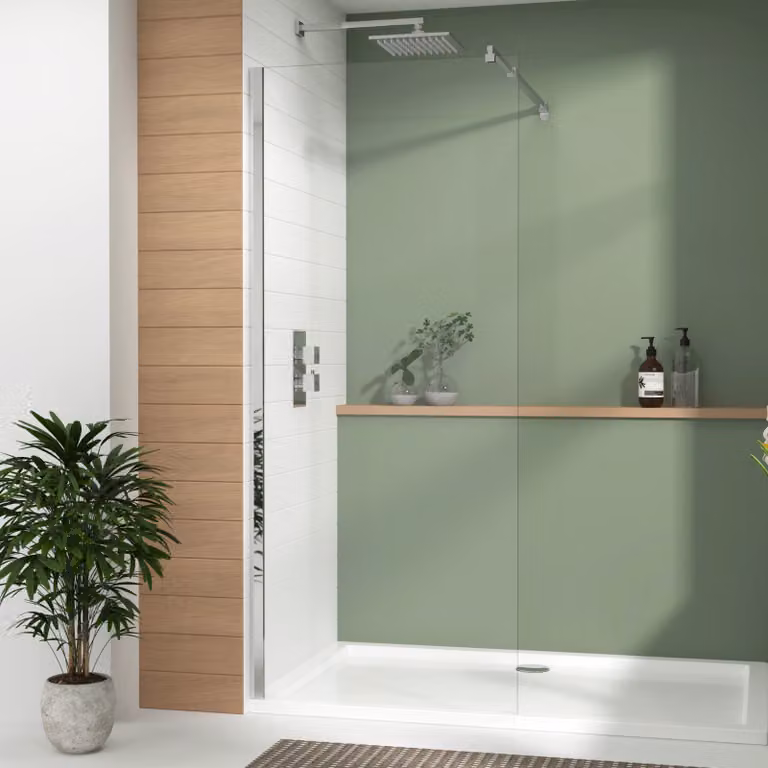 Luton Walk In Wet Room Shower Screen with Top Support Arm, 8mm Easy Clean Clear Glass, W: 90 cm, H: 195 cm