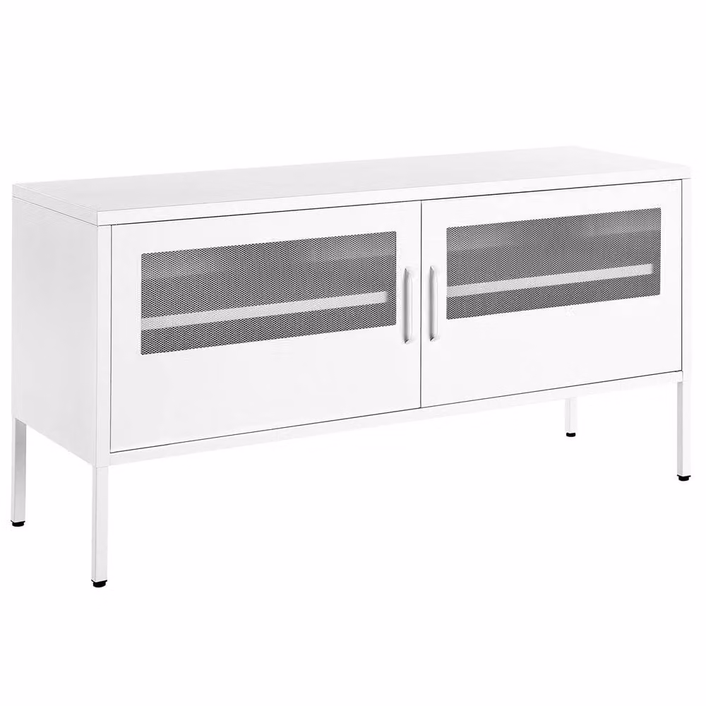 Wyld and Coco White Steel TV Stand with 2 Mesh Doors and Cable Management – 2