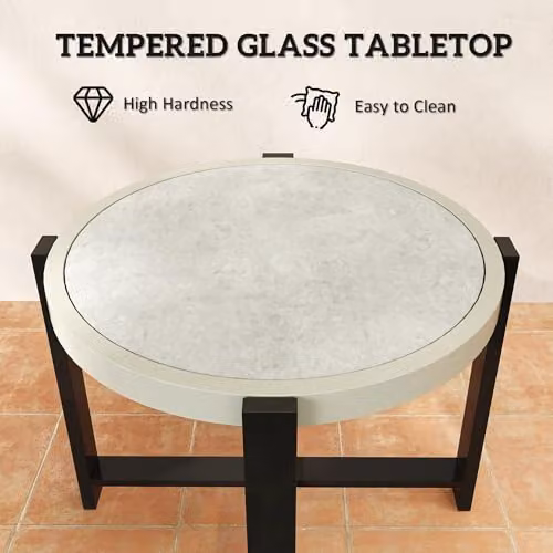 Outsunny Round Modern Garden Side Table in Grey with Glass Top, Diameter: 60 cm, Height: 46 cm – 5