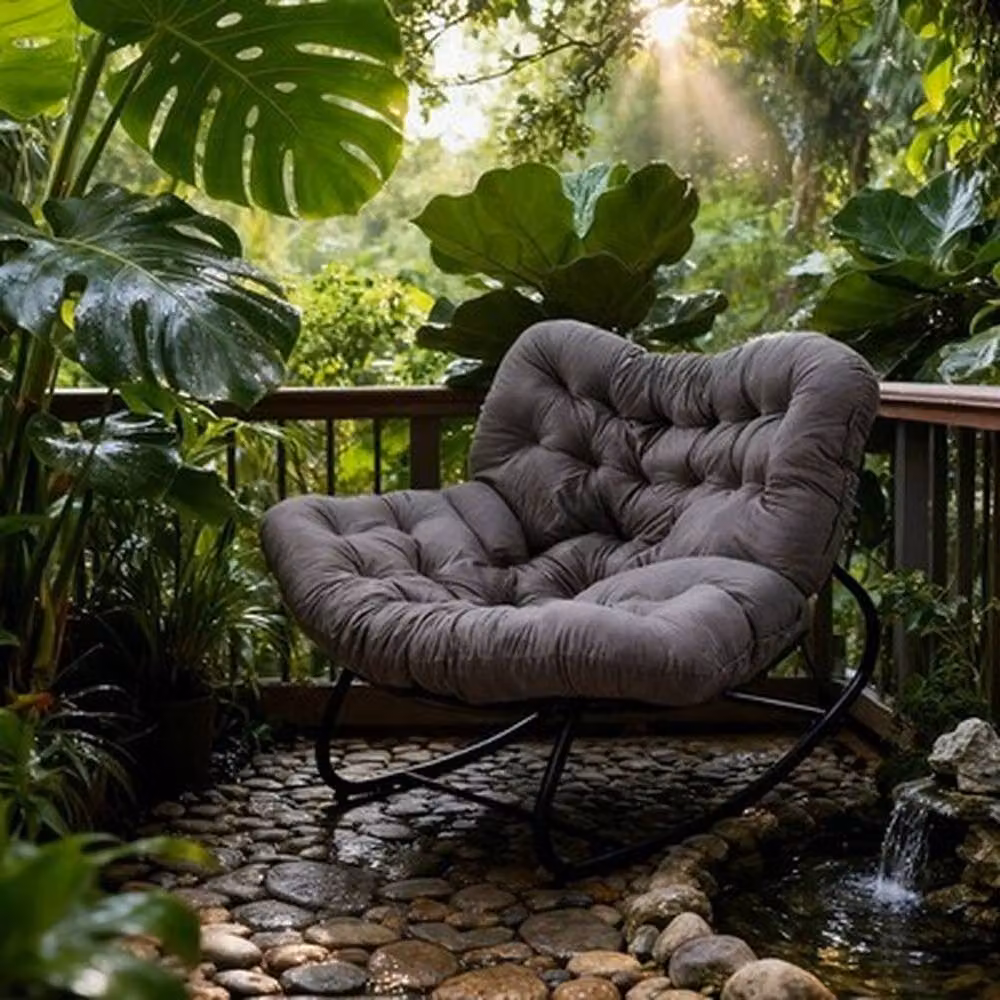 NESTLUNE Grey Large Rocking Lounge Chair with Thick Fabric Cushion and Metal Frame, W/D/H: 100 x 60 x 73 cm – 4