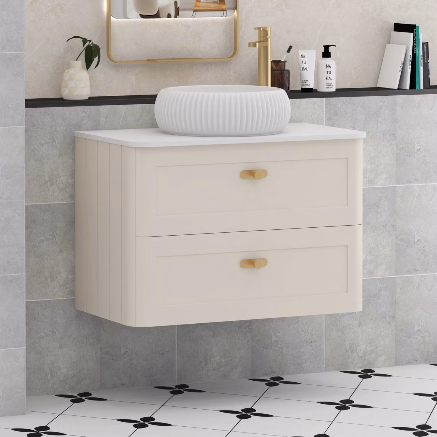 Royal Bathrooms Henley 800mm Wall Hung Vanity Unit in Mushroom Cashmere with Milan Basin, Plain White Worktop and Brushed Brass Knobs
