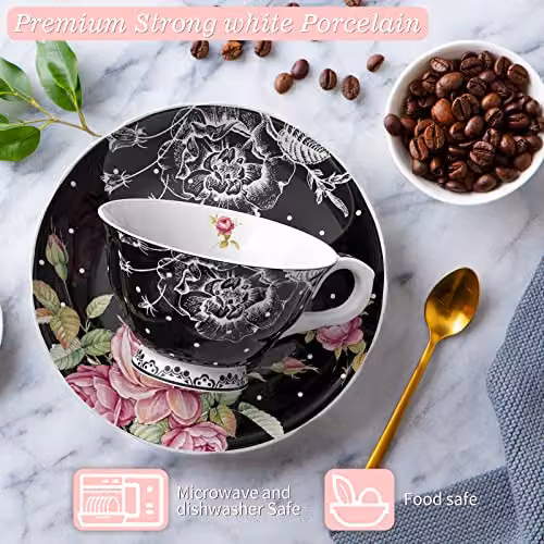 London Boutique Black and White Floral Tea Cup and Saucer Set of 2 in New Bone China – 3