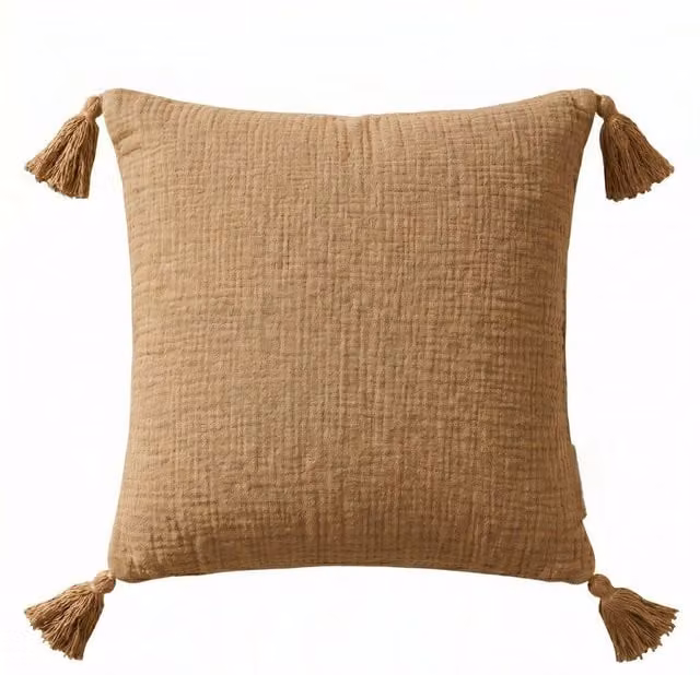 Homescapes Muslin Cotton Square Cushion with Removable Cover in Beige, W/D/H: 45 x 45 x 45 cm