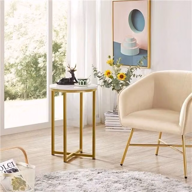KORVIXA Round Marble Top End Table with Gold Frame in White, Diameter: 100 cm, Height: 40.5 cm – 1