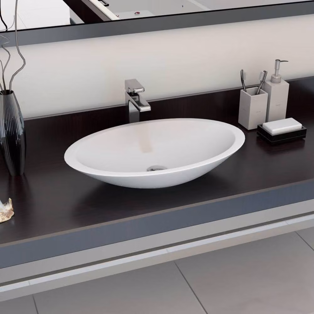 Berkfield Home White Mineral Cast Wash Basin W: 59.3 cm, D: 35.1 cm, H: 10.7 cm – 2