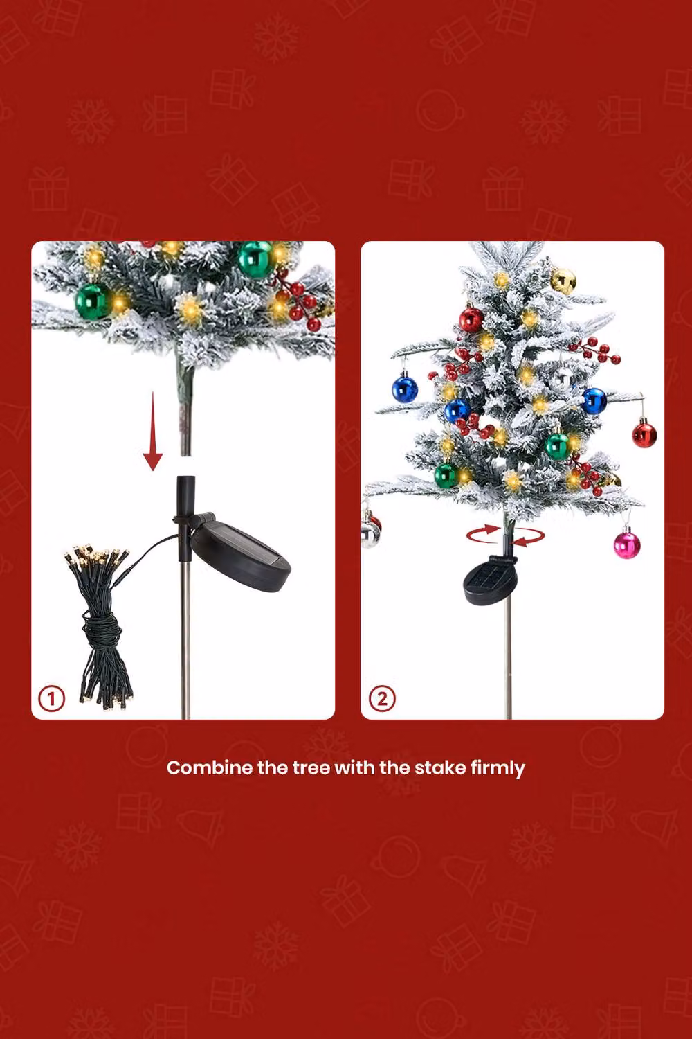 Living and Home 2-Piece Set of Mini Solar-Powered Frosted Outdoor Christmas Trees with Multicolour Lights in Red – 3