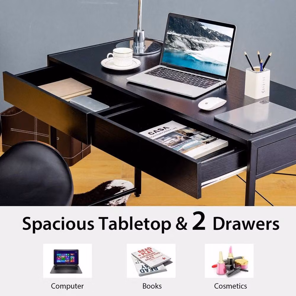 Kelvenix Modern Wooden Computer Desk in Black with Dual Pedestal and X-Frame Support – 3