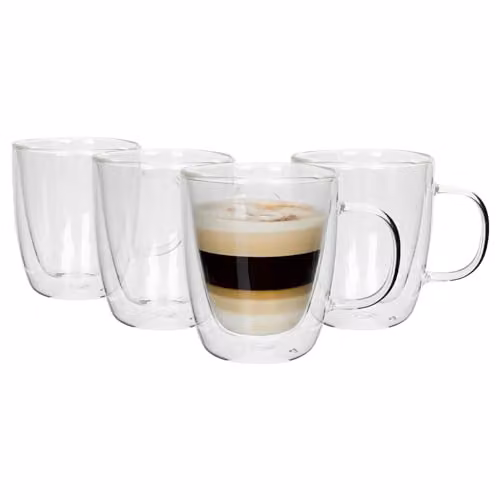 Rink Drink Double Walled Glass Coffee Mugs, Pack of 4, 386ml, Transparent