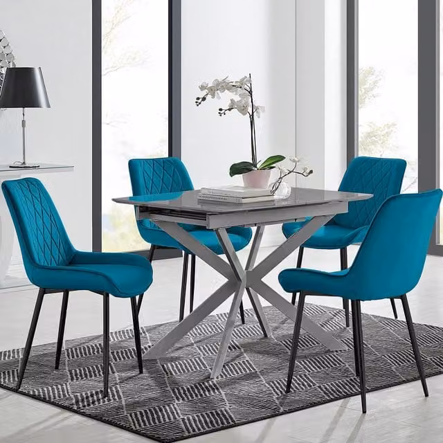 FurnitureboxUK Lira Grey Metal Extending Rectangular Dining Table and 4 Blue Pesaro Black Leg Chairs