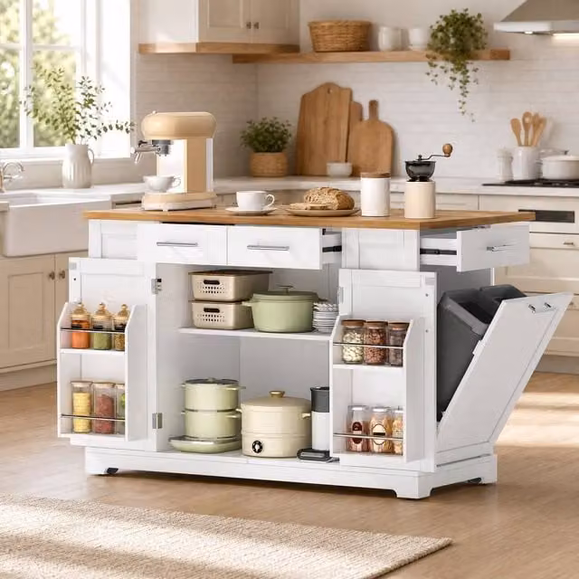 STILVORA Modern White Kitchen Island with Folding Worktop and USB, W/D/H: 92 x 56 x 86 cm – 1