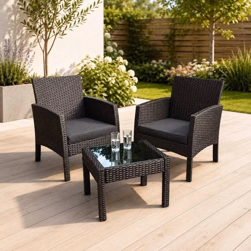 Kelvenix Rattan Bistro Set with 2 Chairs and Glass Top Table in Black – 2