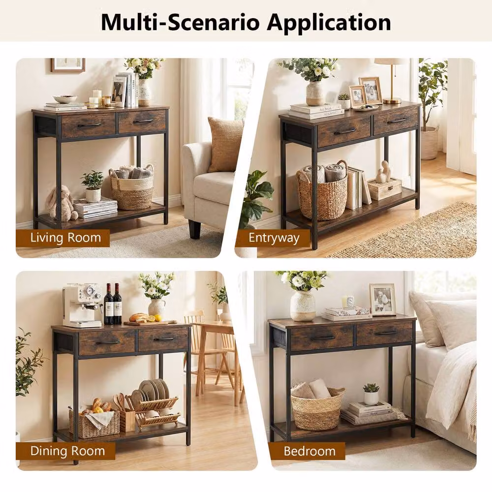 Gymax Brown Industrial Console Table with 2 Fabric Drawers – 5