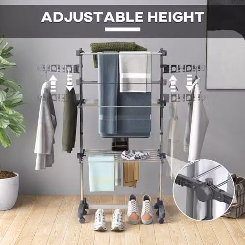 HOMCOM 3-Tier Foldable Clothes Airer with Wheels in Grey, W/D/H: 55 x 142 x 152 cm – 3