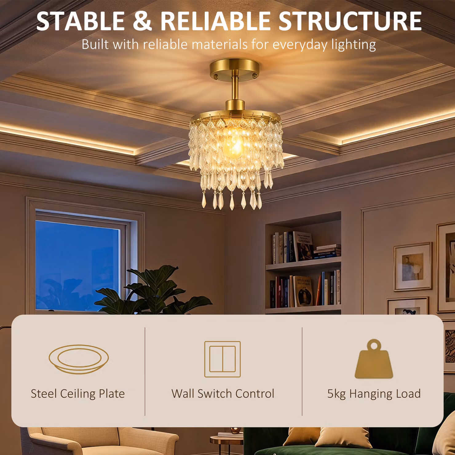 HOMCOM Gold Crystal Ceiling Light with LED Warm White Illumination – 4
