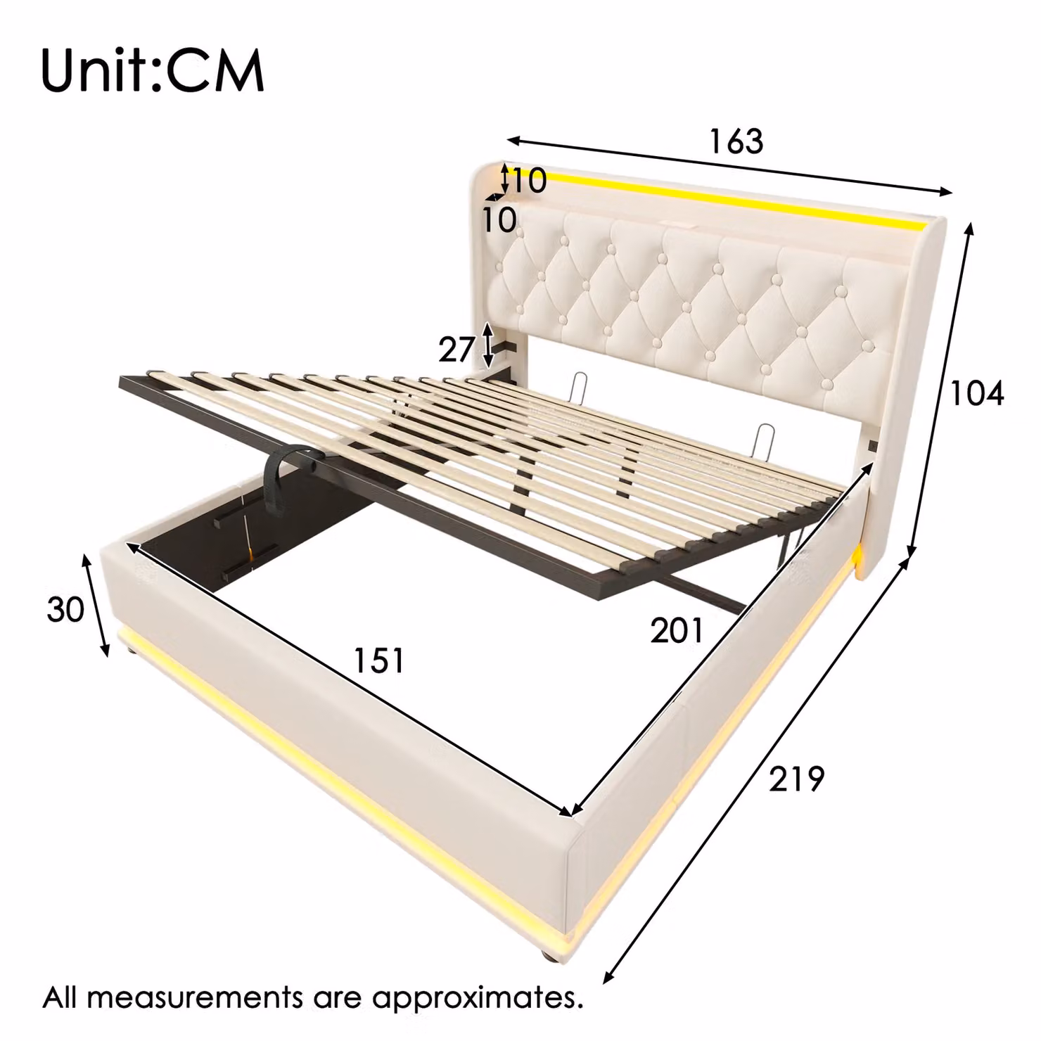 Matteo Upholstered King Ottoman Bed in White with 360 Surround LED Function and USB Charging Port, W/D/H: 150 x 200 cm – 2