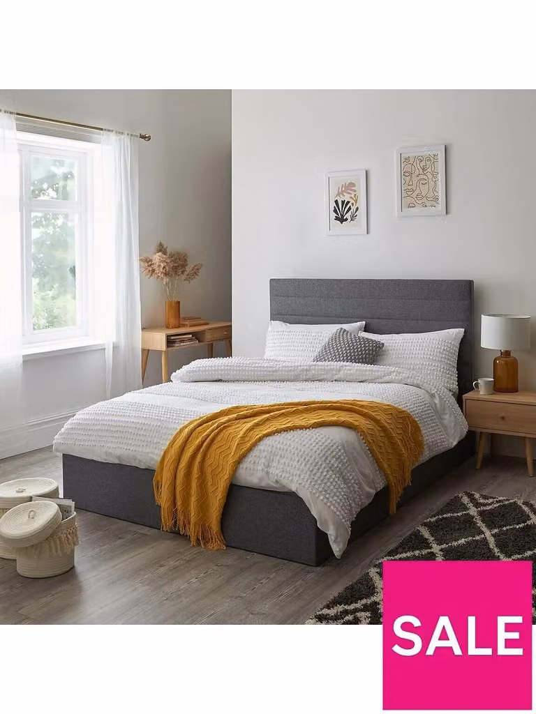 Cheap Furniture Warehouse Modern Upholstered Fabric Bed Frame, Grey, W/D/H: 180 x 200 x 116 cm