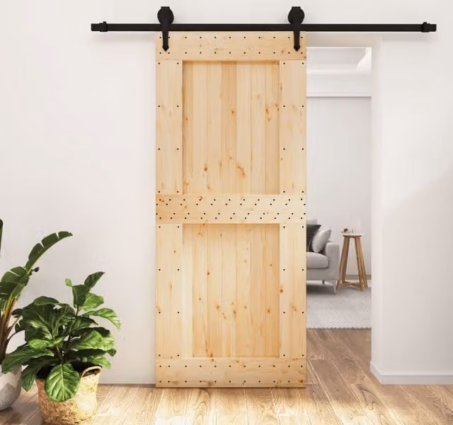 Berkfield Home Rustic Brown Solid Pine Wood Sliding Door with Hardware Set, W: 90 cm, H: 210 cm