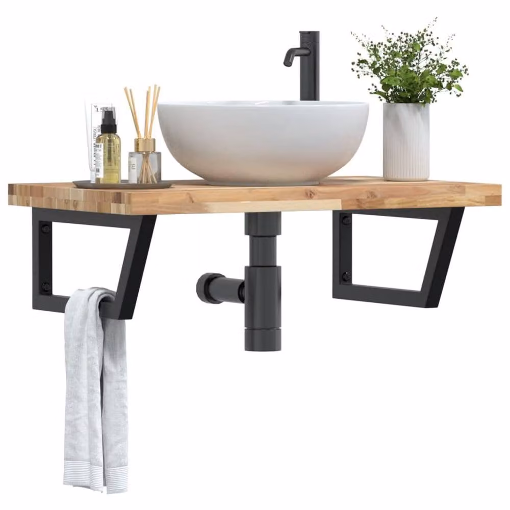 Berkfield Home Elegant Wall Mounted Basin Shelf in Brown Acacia Wood and Steel – 2