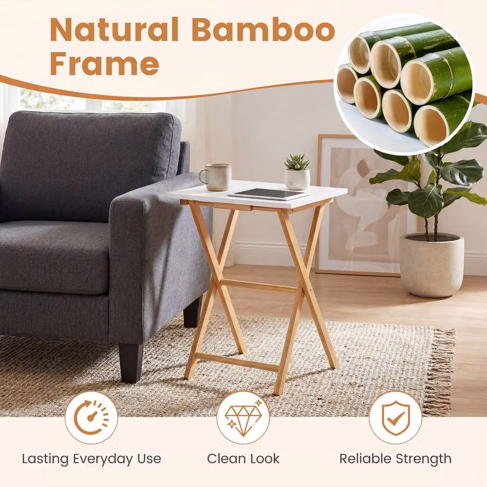Costway Set of 2 White Lacquered Bamboo Folding Tray Tables with Square Wood Tops – 3