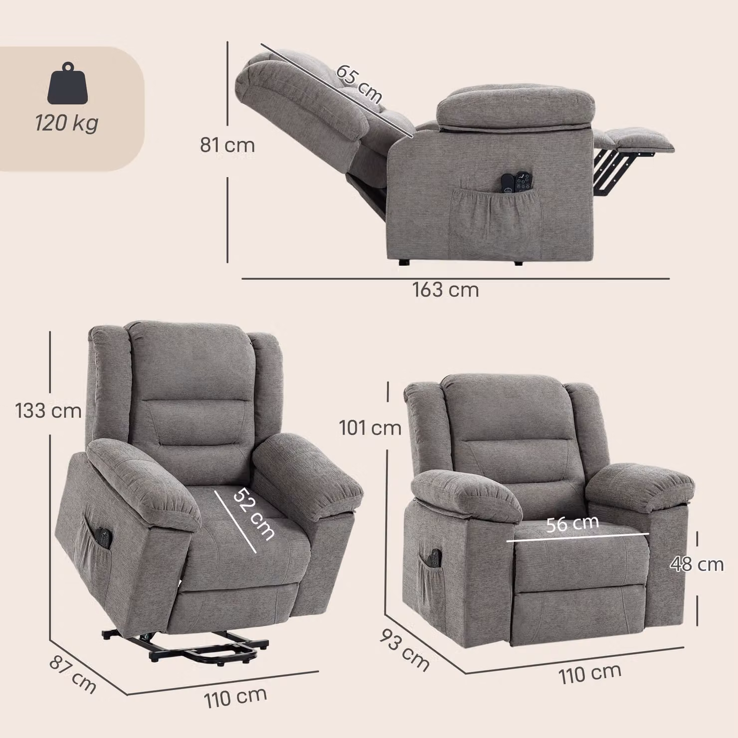 HOMCOM Oversized Grey Fabric Riser Recliner Chair with Massage, Heat and Power Lift Assist for Seniors – 3