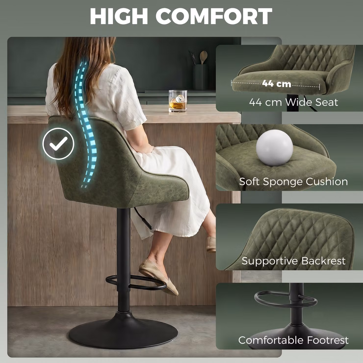 HOMCOM Set of 2 Adjustable Swivel Bar Stools with Backrest in Dark Green Synthetic Leather – 4