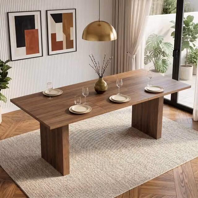 Merax Walnut Extending Dining Table with Fluted Pedestal Legs, Brown, W/D/H: 140 x 60 x 60 cm (Extendable) – 1