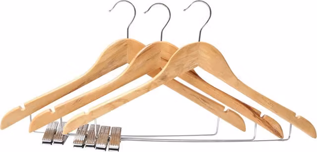 Orsina Set of 3 Brown Wooden Clothes Hangers with Trouser Clips and Notched Sides