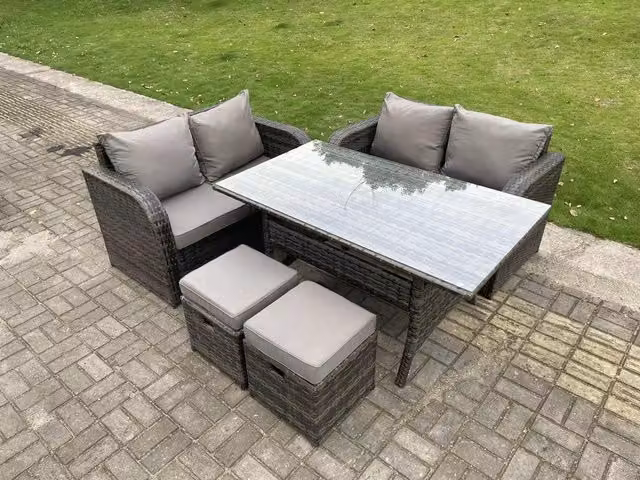 Fimous 6 Seater Dark Grey PE Rattan Garden Furniture Set with Love Sofa, 2 Seater Sofa and Rectangular Dining Table